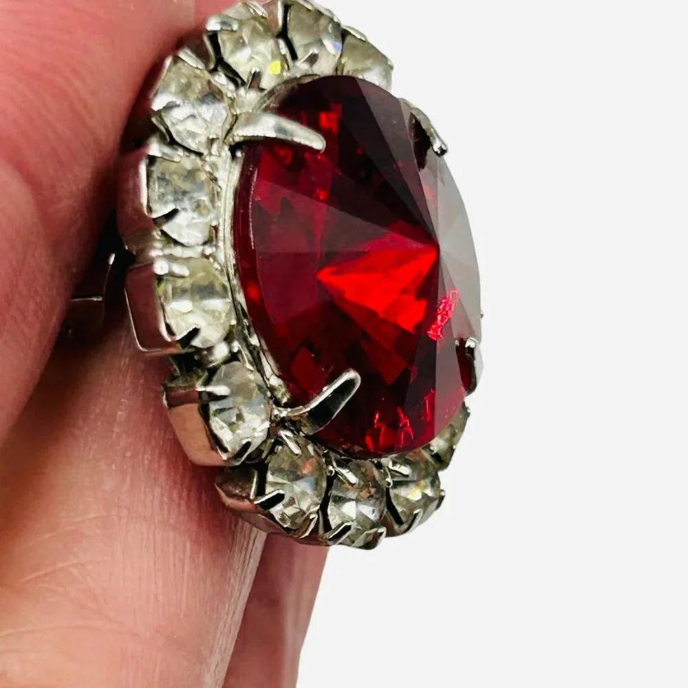 Vintage Intense Red Rivoli Clear Rhinestone Large Clip Earrings